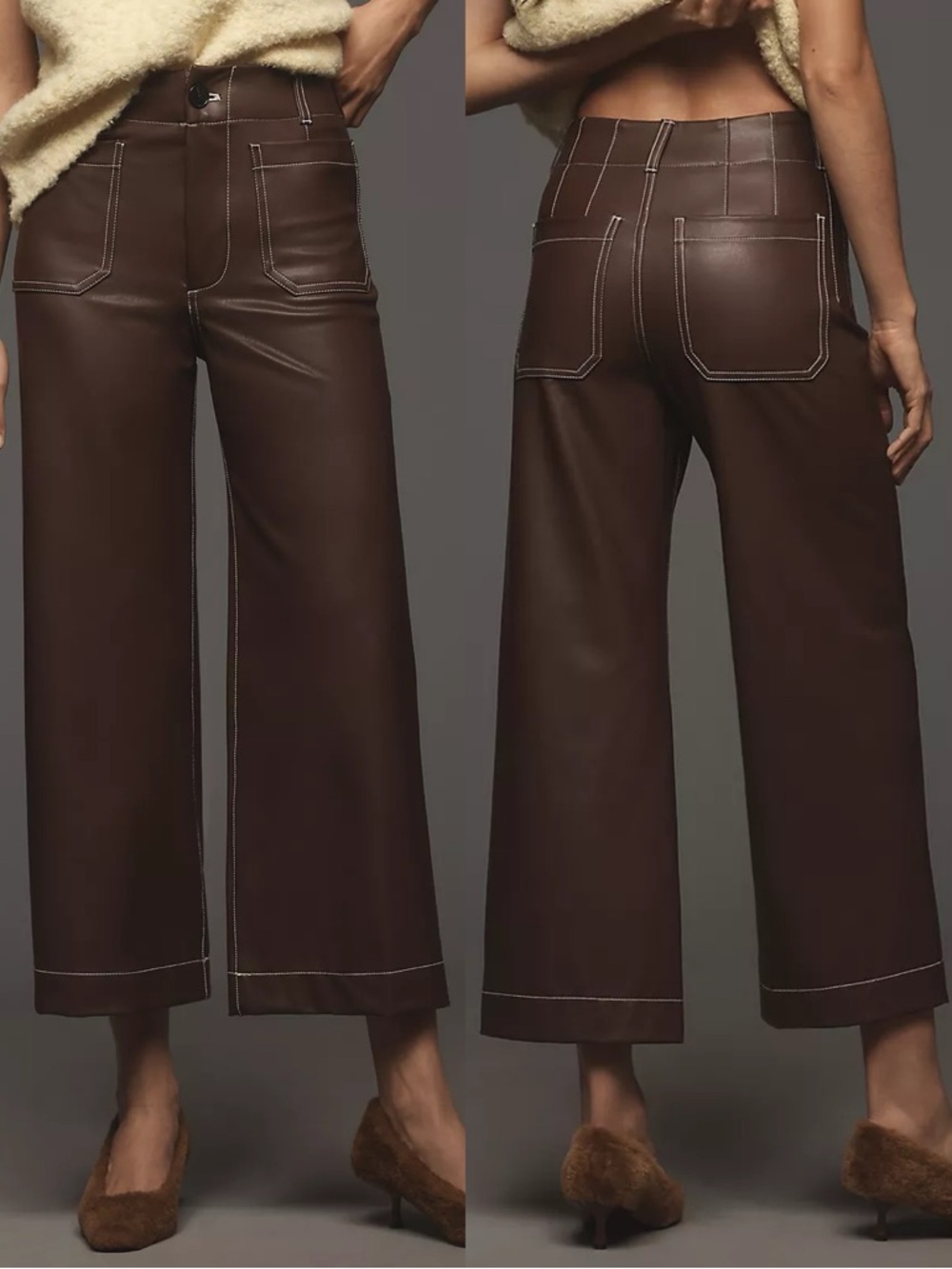 NWT Anthropologie Maeve The Colette Faux Leather Crop Wide Leg Pants Brown